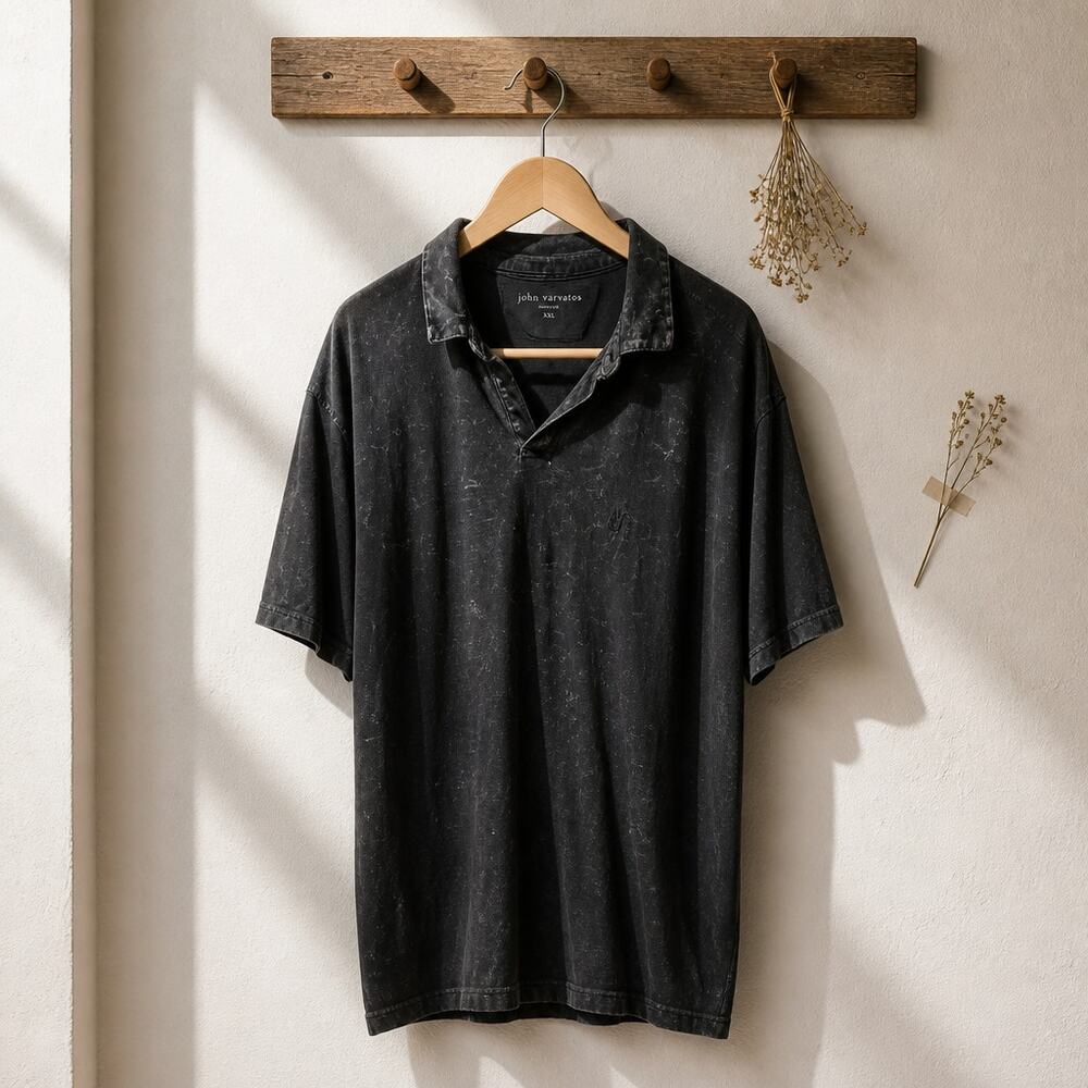 John Varvatos XXL Carsten Polo Shirt Black Bodhi Marble Wash Peace Logo